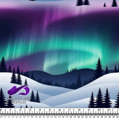 Northern Lights Over Snowy Pine Tree Landscape