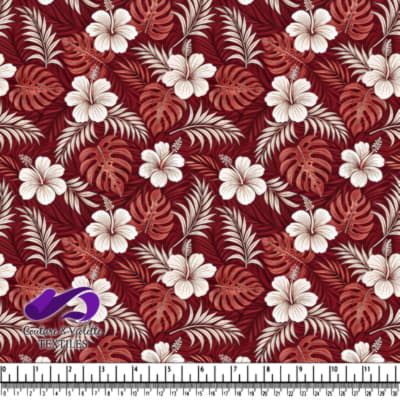 Tropical White Hibiscus and Palm Leaves on Red Background Pattern