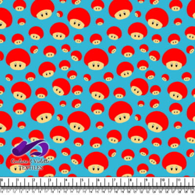 Red mushroom cartoon faces on blue background