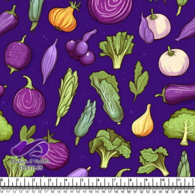 Colorful purple and green vegetables pattern on dark background