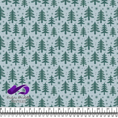 Winter Green Pine Trees and Snowflake Pattern Fabric Design