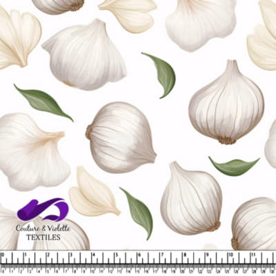 Garlic and Leaves Pattern on White Textile Fabric Design