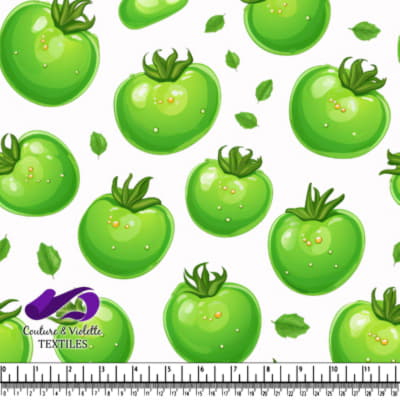 Fresh green tomatoes with basil leaves and drops