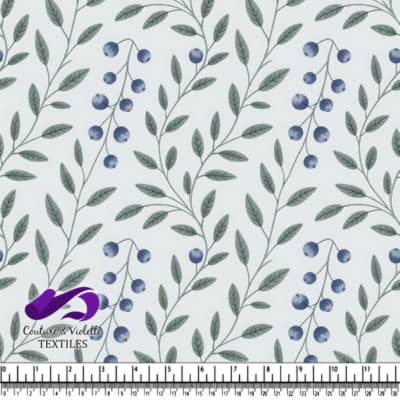 Delicate Blueberry Branches and Leaves Pattern on White Background
