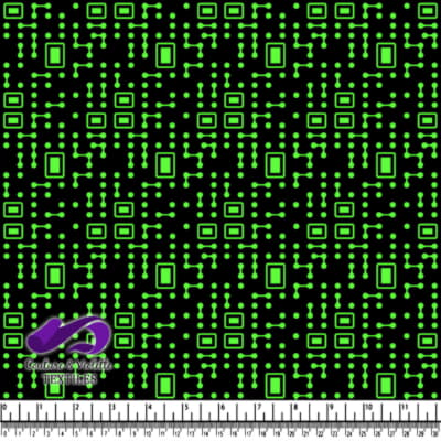 Green Circuit Board Pattern on Black Fabric Background