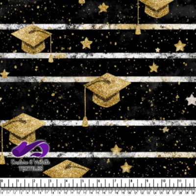 Gold Glitter Graduation Caps and Stars on Black Background