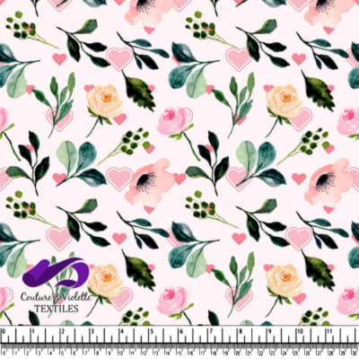 Watercolor Floral Pattern with Pink Hearts and Green Leaves