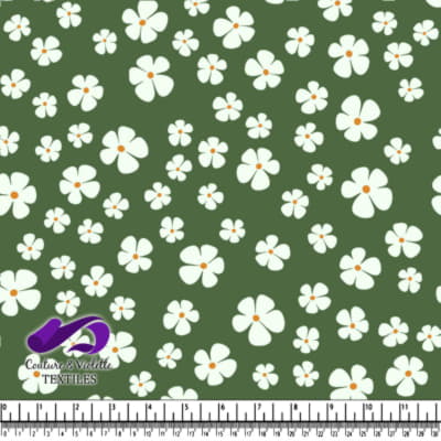 Fond Vert avec Motif Floral Blanc