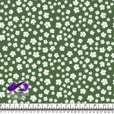 Fond Vert avec Motif Floral Blanc