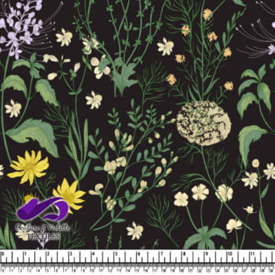 Wildflower Botanical Illustration on Black Background Textile