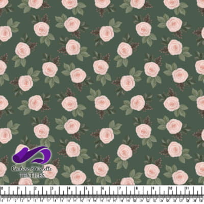 Vintage Pink Roses Floral Pattern on Green Background