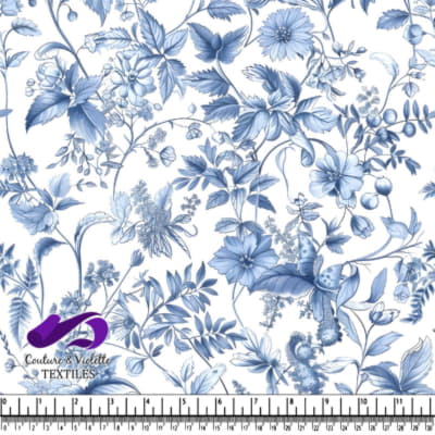 Blue and White Vintage Floral Botanical Pattern Fabric Design