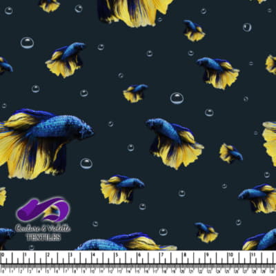 Blue and Yellow Betta Fish Pattern with Air Bubbles on Dark Background