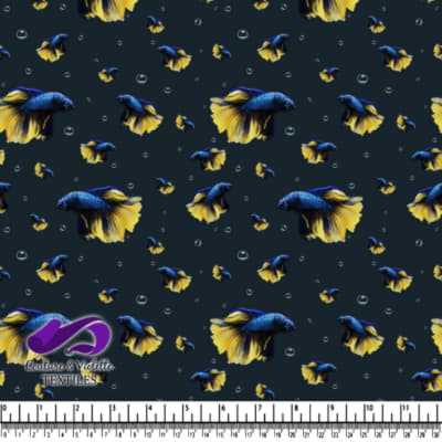 Blue and Yellow Betta Fish Pattern with Air Bubbles on Dark Background