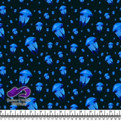 Glowing Blue Jellyfish Pattern on Black Background Textile