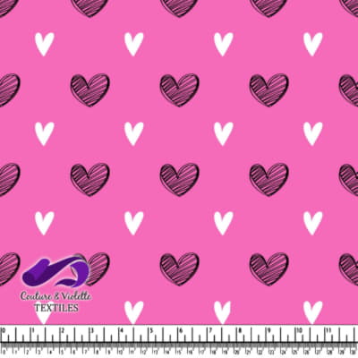 Pink Fabric Pattern with Black and White Hand Drawn Hearts