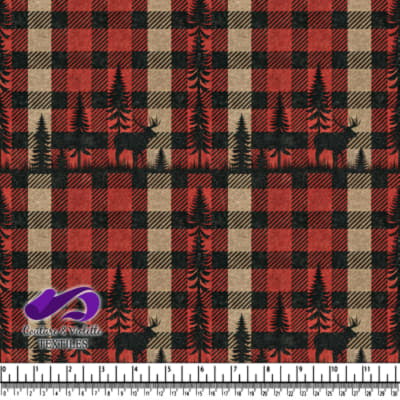 Rustic plaid pattern with woodland animals and trees silhouette