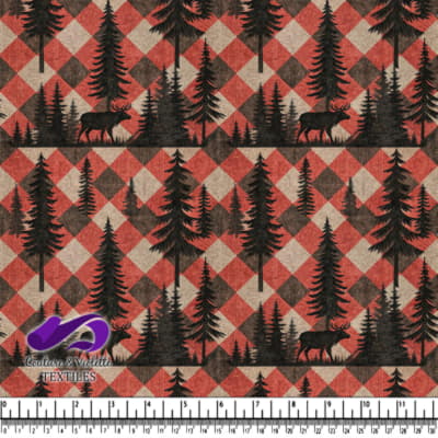 Rustic Forest Woodland Plaid with Moose and Pine Trees Fabric Pattern