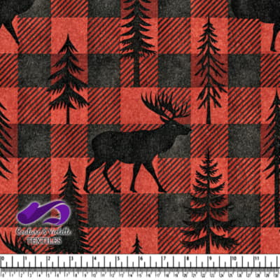 Rustic Buffalo Plaid with Moose and Pine Tree Silhouettes Pattern