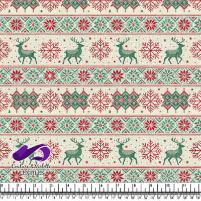 Christmas themed textile pattern with reindeer and snowflakes