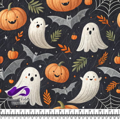 Cute Halloween Ghosts and Pumpkins Fabric Pattern