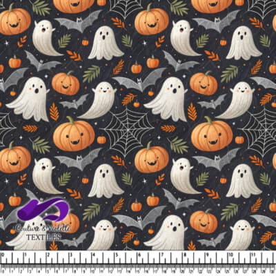 Cute Halloween Ghosts and Pumpkins Fabric Pattern