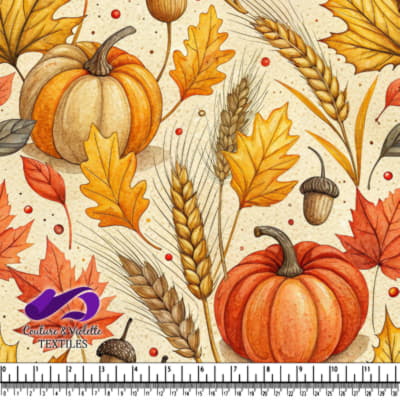 Motif de Récolte d'Automne : Citrouilles, Feuilles et Blé