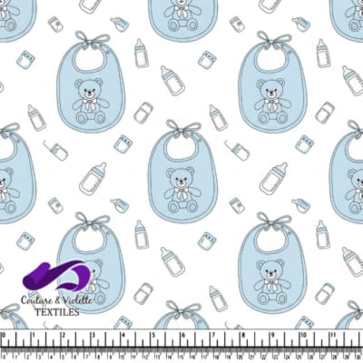 Motif Bébé Bleu avec Ours en Peluche et Biberons