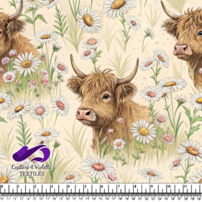Vaches des Highlands parmi des fleurs de pâquerettes