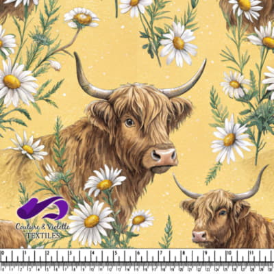Vaches des Highlands parmi des fleurs de marguerite