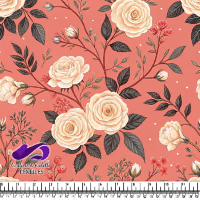 Vintage Cream Roses on Coral Background