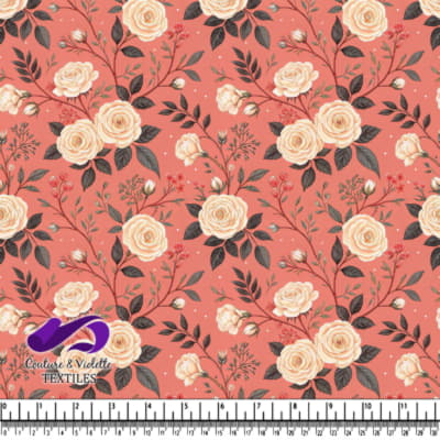 Vintage Cream Roses on Coral Background