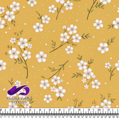White Blossoms on Mustard Yellow Fabric