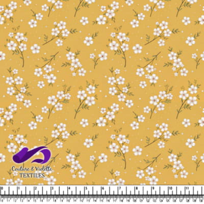 White Blossoms on Mustard Yellow Fabric
