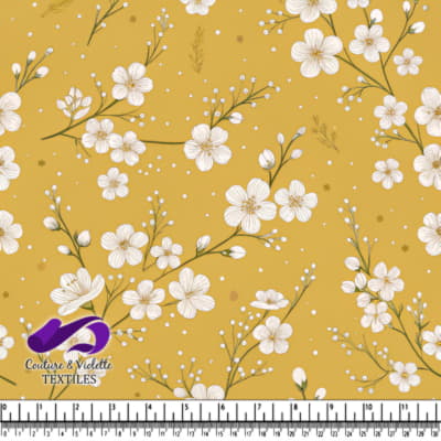 Delicate White Flowers on Mustard Fabric