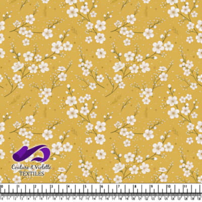 Delicate White Flowers on Mustard Fabric