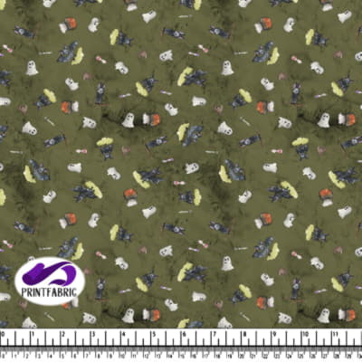 Halloween - Ghost, bat and pumpkin on Olive background