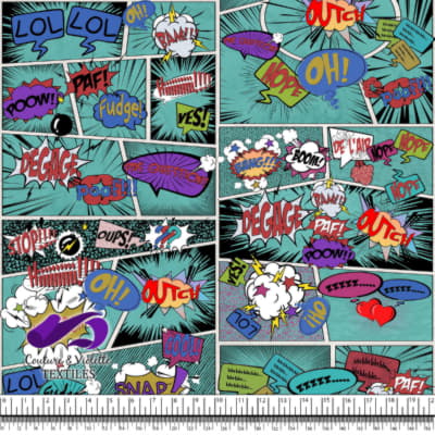 Comic book - Story in style colorful words on a teal background