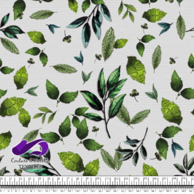 Embroidery bloom - Leaves on white linen background