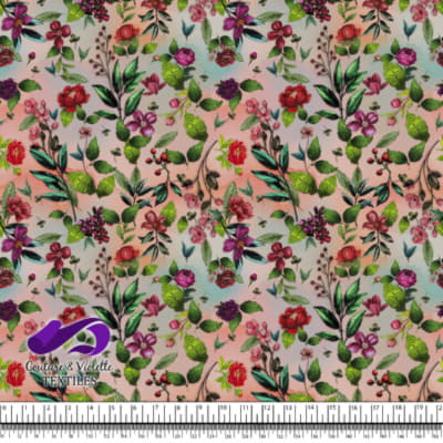 Embroidery bloom - Roses on corail background