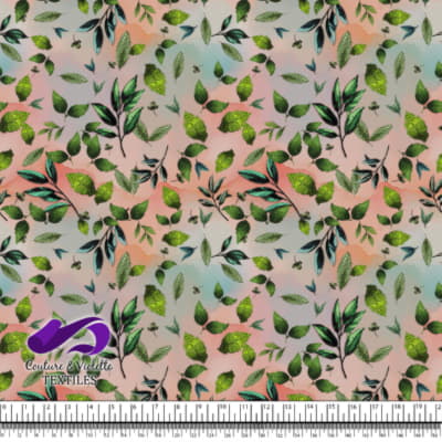 Embroidery bloom - Leaves on corail background